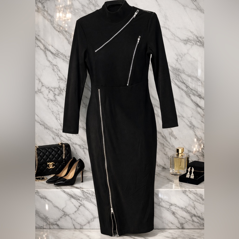 Luxury Black Asymmetrical Zipper Midi Dress | Size M
